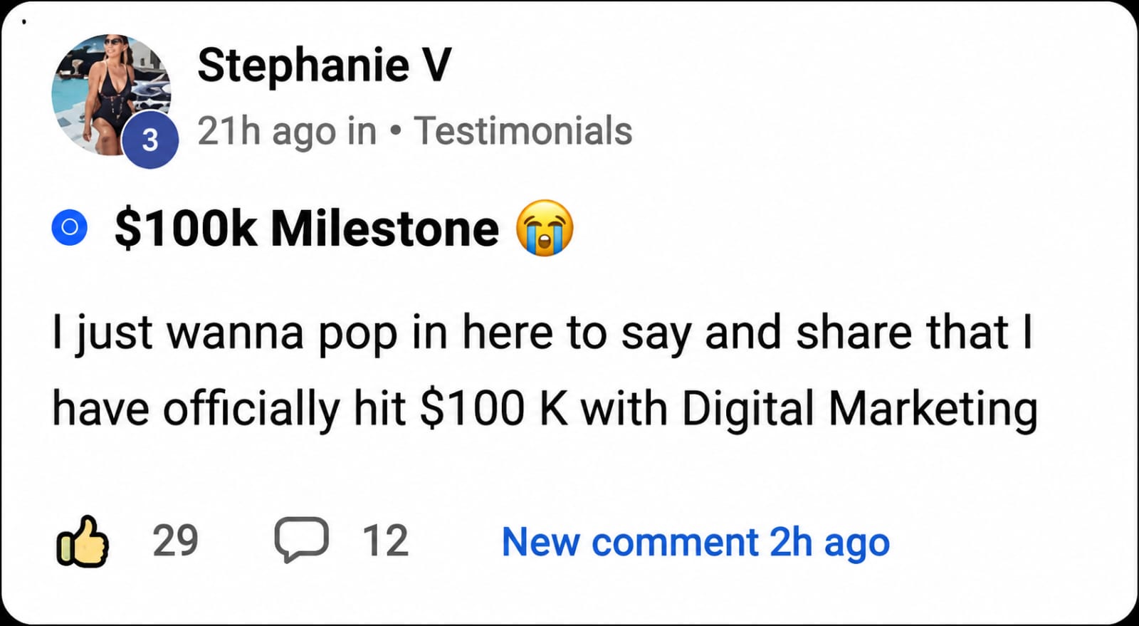 Community post: $100k milestone with digital marketing