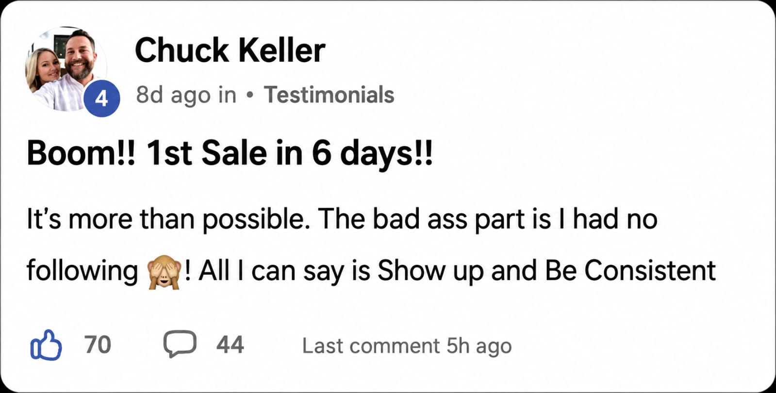Community post: first sale in 6 days with no following